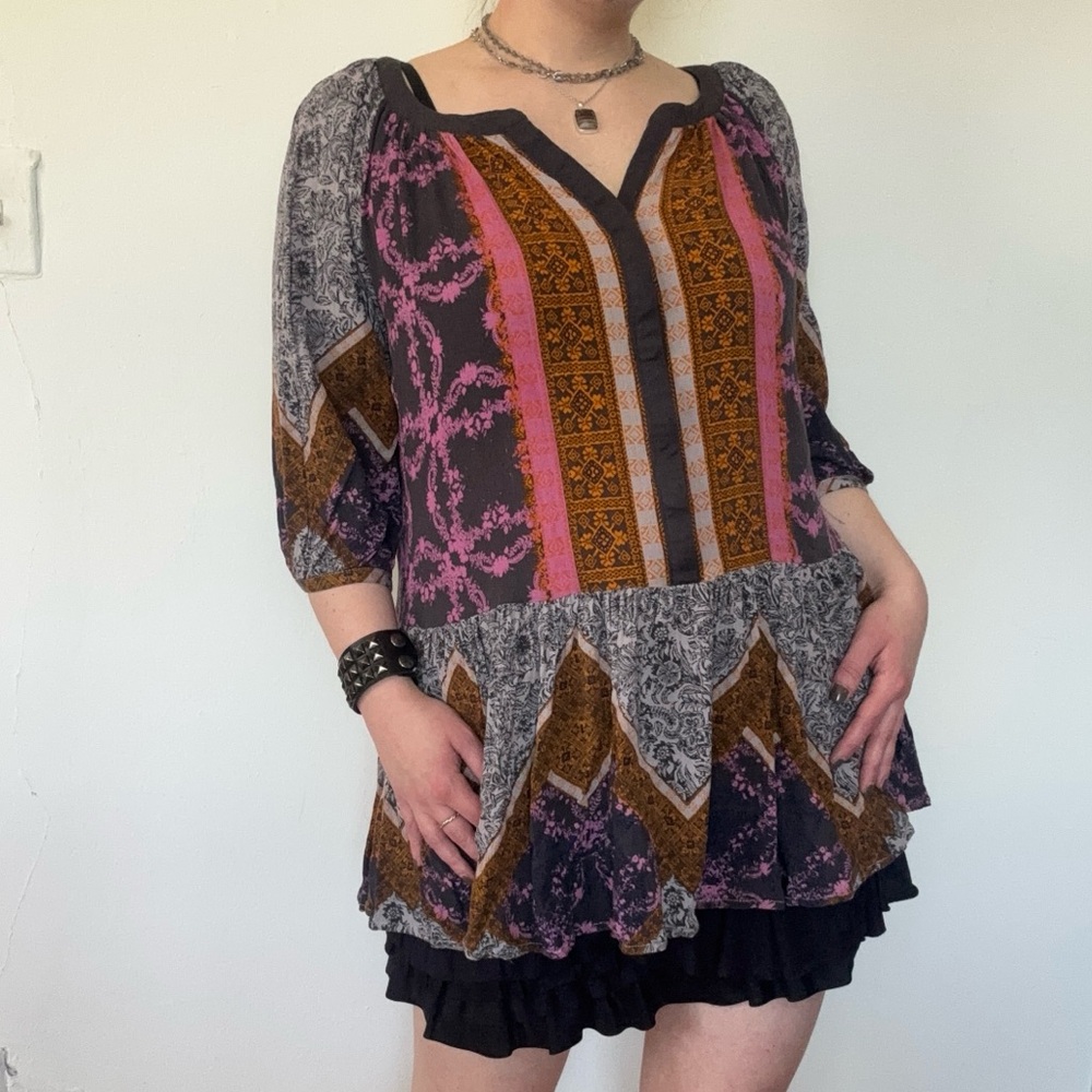 Free People Patchwork Cold Shoulder Peasant Blouse - image 3